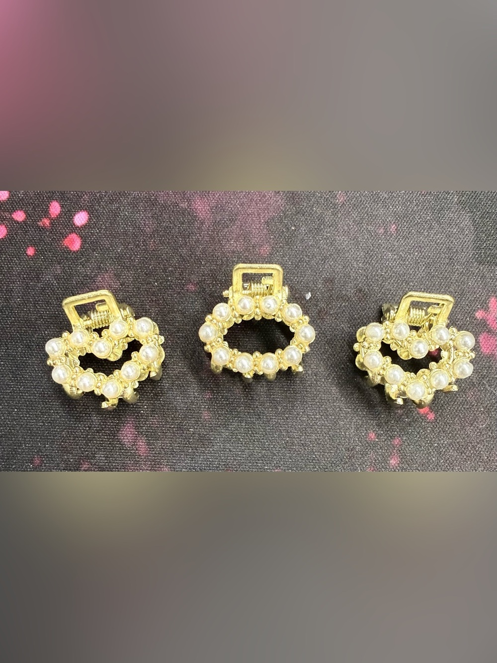 Gold Pearl Heart Mini Hair Claw Clips - Set of 3